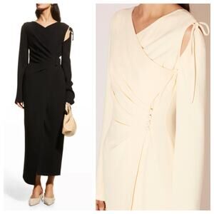 Nanushka Black Weslyn Asymmetric Wrap Maxi Dress w/ Cutout in Boucle-Crepe